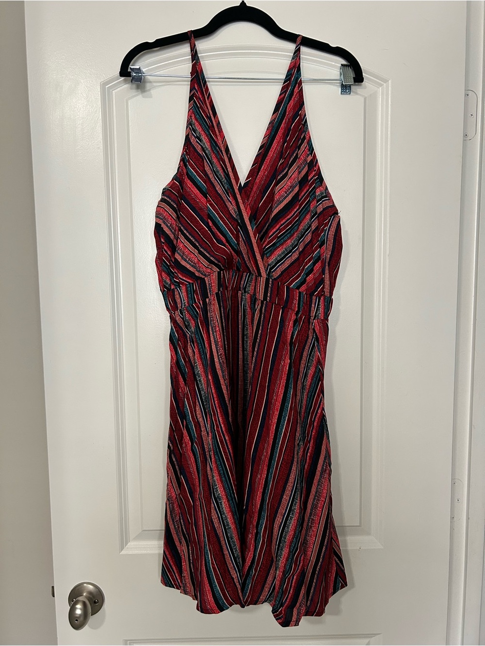 Red Striped V-Neck Mini Dress with Adjustable Spaghetti Straps